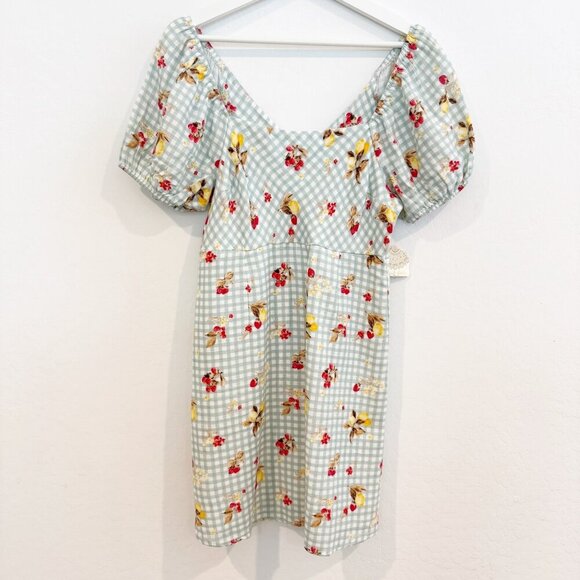 NWT Altar'd State Gingham Puff Sleeve Fruit Print Summer Mini Dress New Large - Picture 1 of 11
